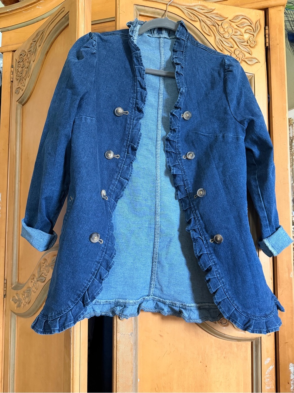 Ruffled Double-Breasted Denim Jacket - Blue - Picture 2 of 6